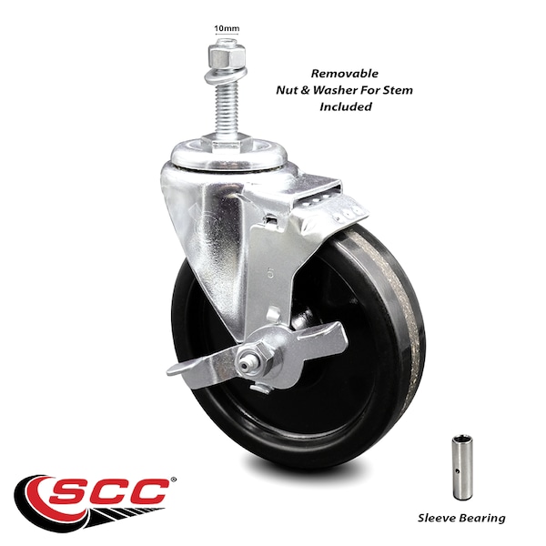 5 Inch Phenolic Wheel Swivel 10mm Threaded Stem Caster with Brake SCC